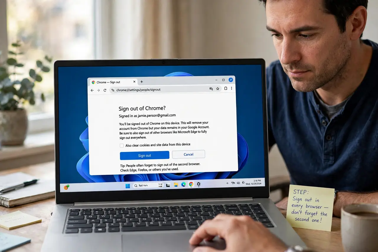 A person performing step 1 of the guide: Sign out in every browser on the laptop. Open each browser you used and sign out of the personal account. People forget the second...