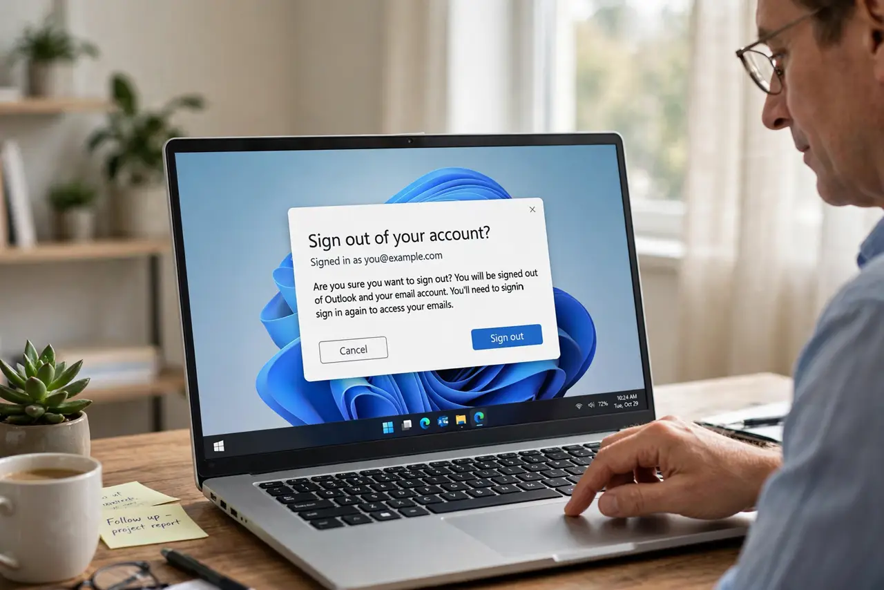 a calm adult at a desk with a real laptop, the screen showing a normal email sign-out confirmation with legible text, the person clicking it deliberately