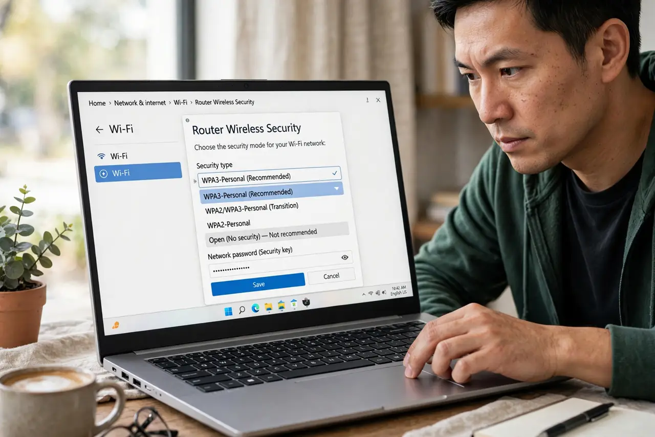 WPA2 vs WPA3: Which Should You Pick — a person choosing a security mode on a real laptop showing router wireless security options legible, the perso