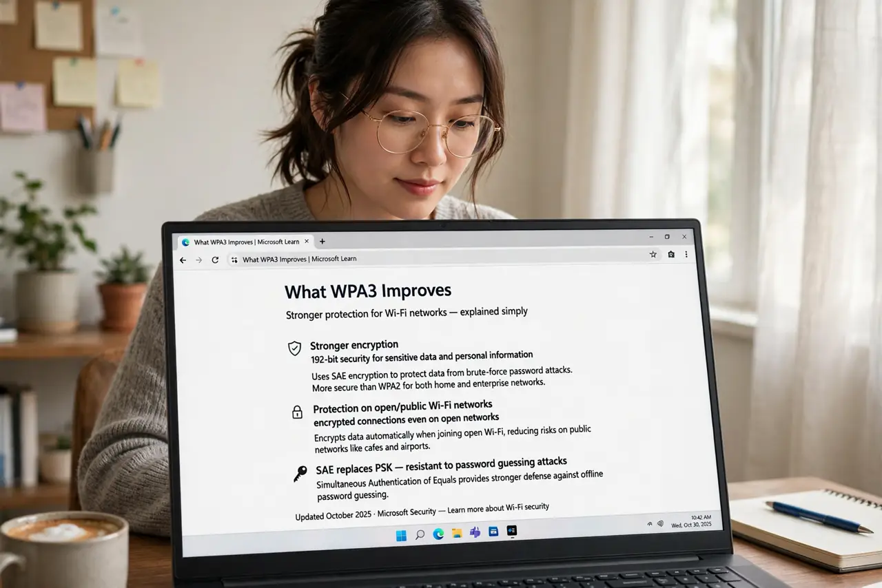 Photoreal photo of a person performing the first step: Learn what WPA3 improves. WPA3 brings stronger encryption, protection against offline passwo...