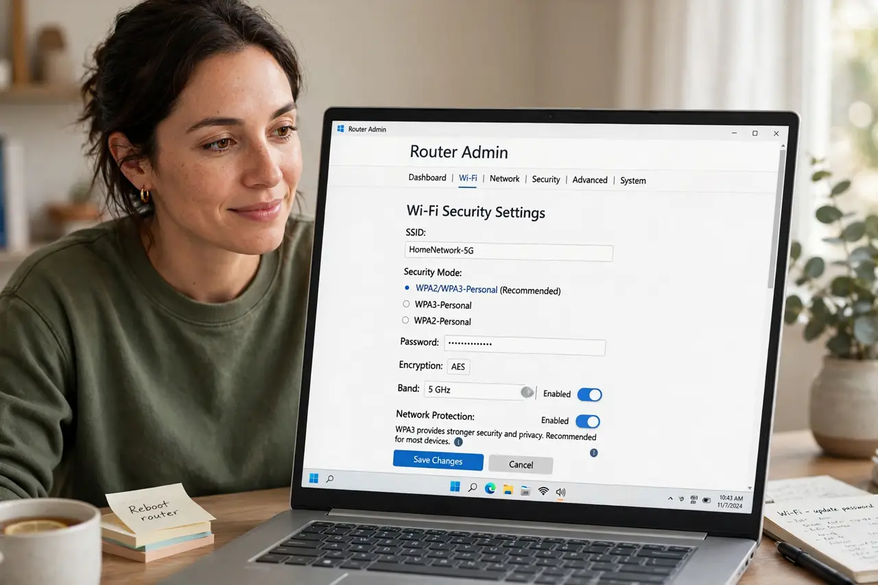 Photoreal photo: a person looking at a real router admin page on a real laptop showing Wi-Fi security settings with WPA2/WPA3 options legible, the person's face focused, home office. No black screen, no blank white...