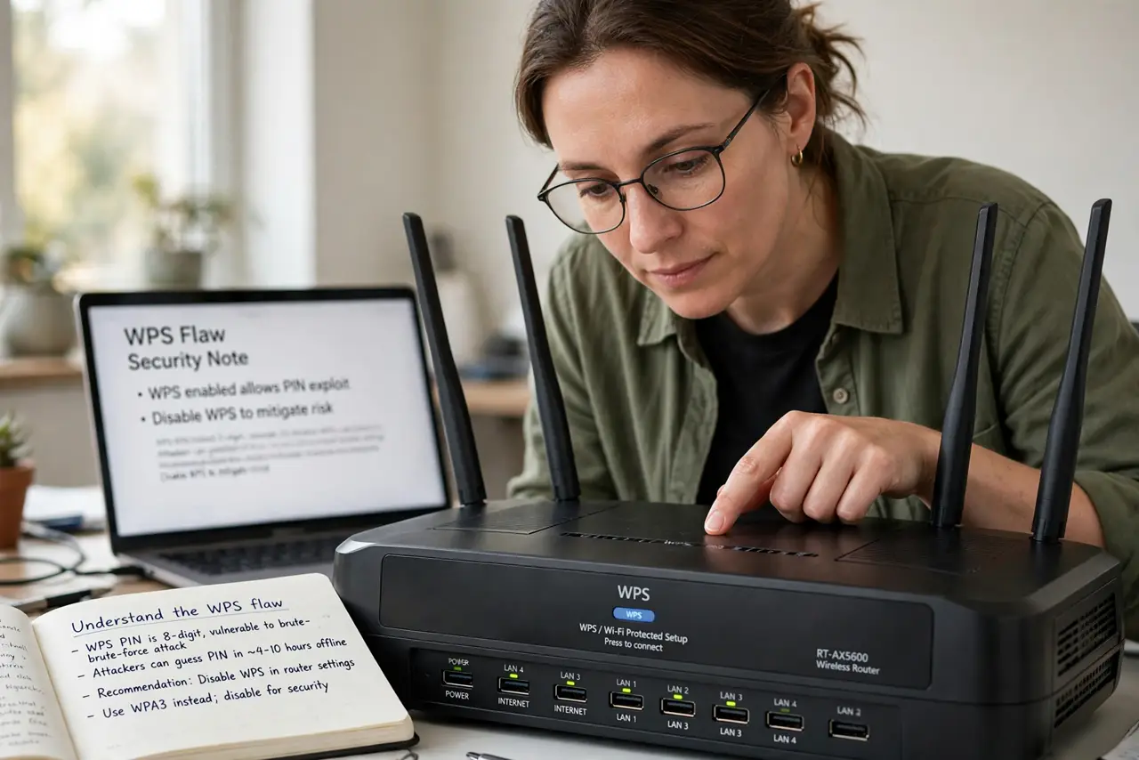 Step 1 in action for Should You Disable WPS on Your Router: Understand the flaw. WPS PIN splits into two halves that attackers guess separately — mill