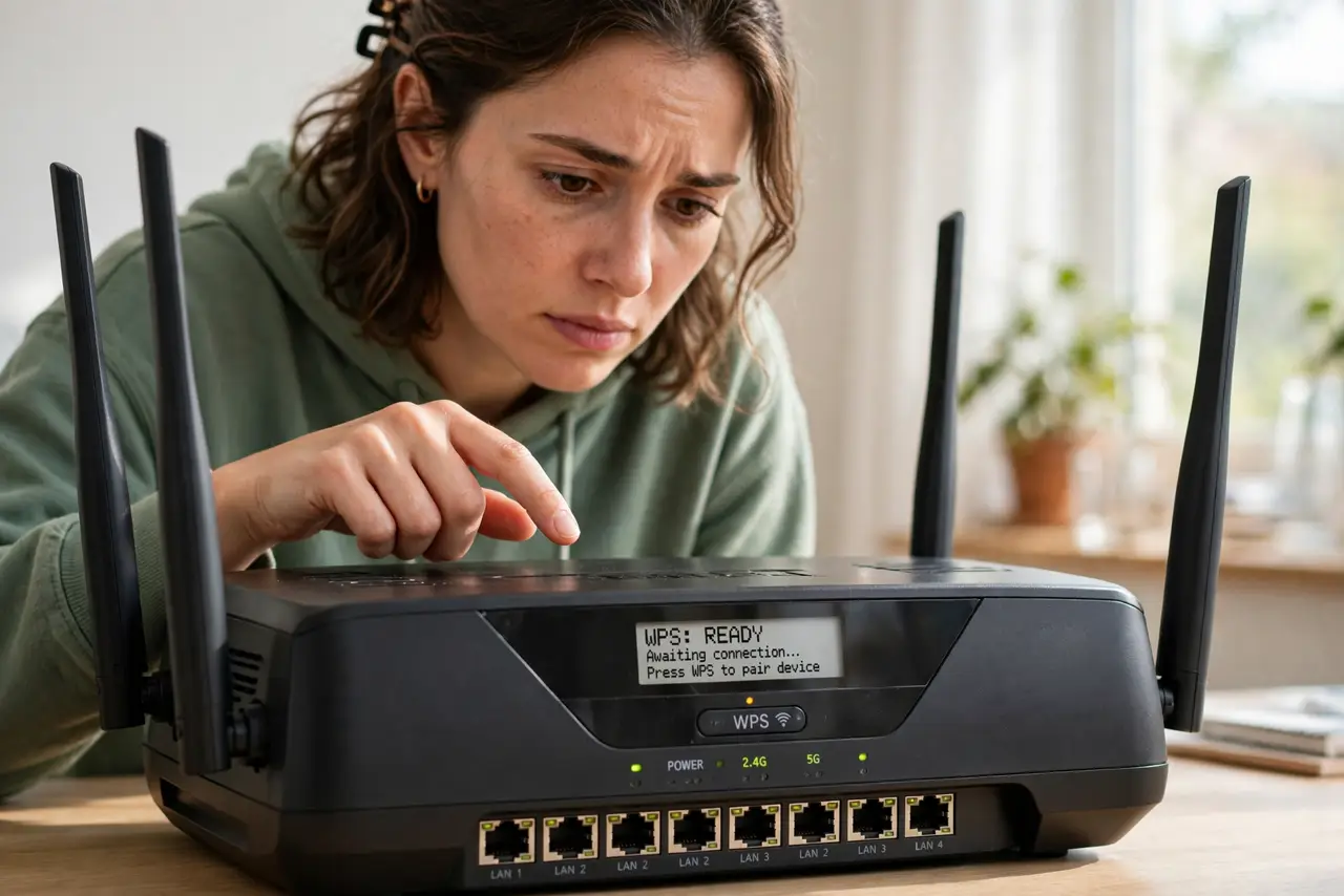 Should You Disable WPS on Your Router — a person looking at the WPS button on a real router, finger hovering but not pressing, the person's face cauti