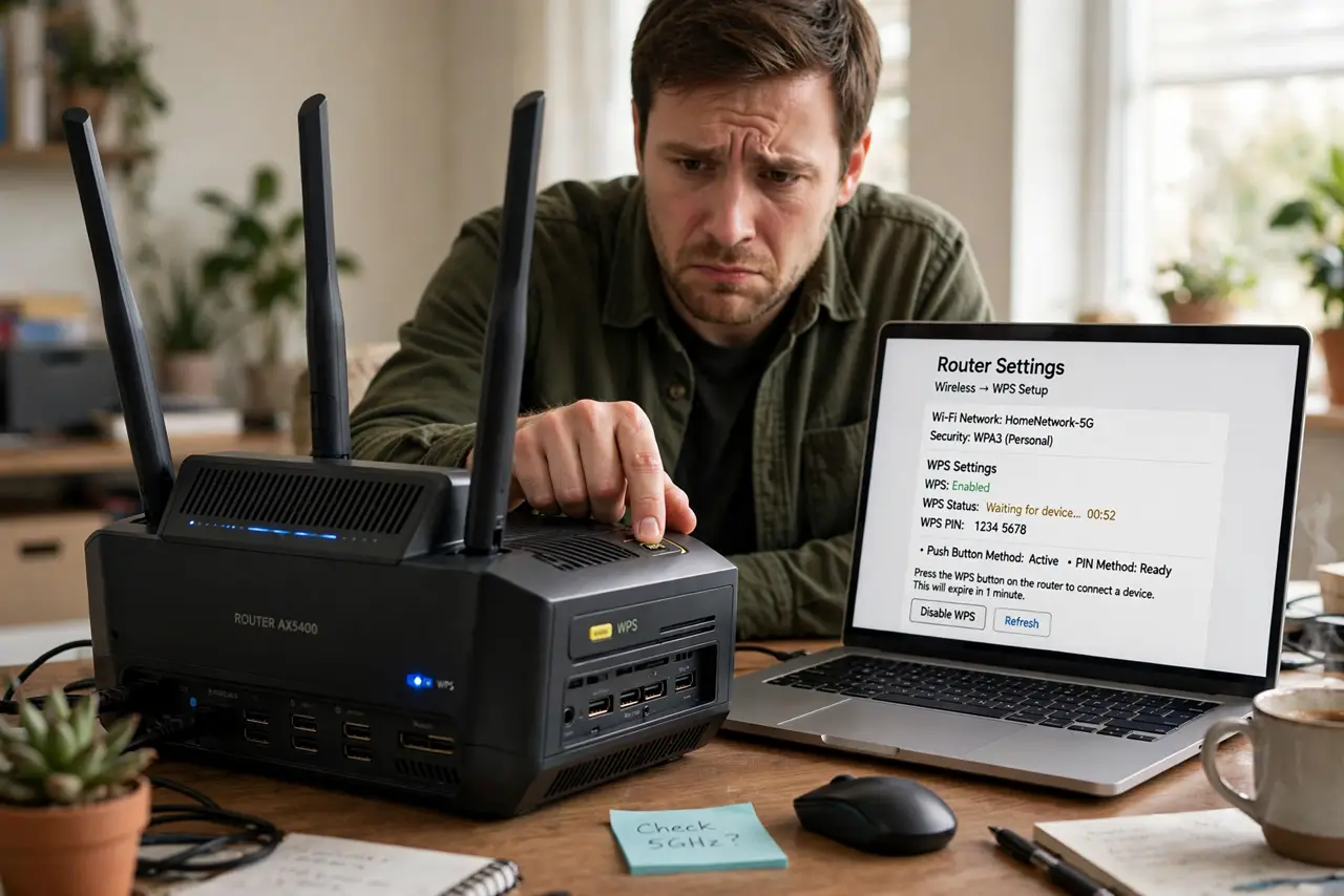 A person pressing the WPS button on a real router, looking at a laptop showing the router's legible wireless settings page with WPS options, the person's face concerned,.