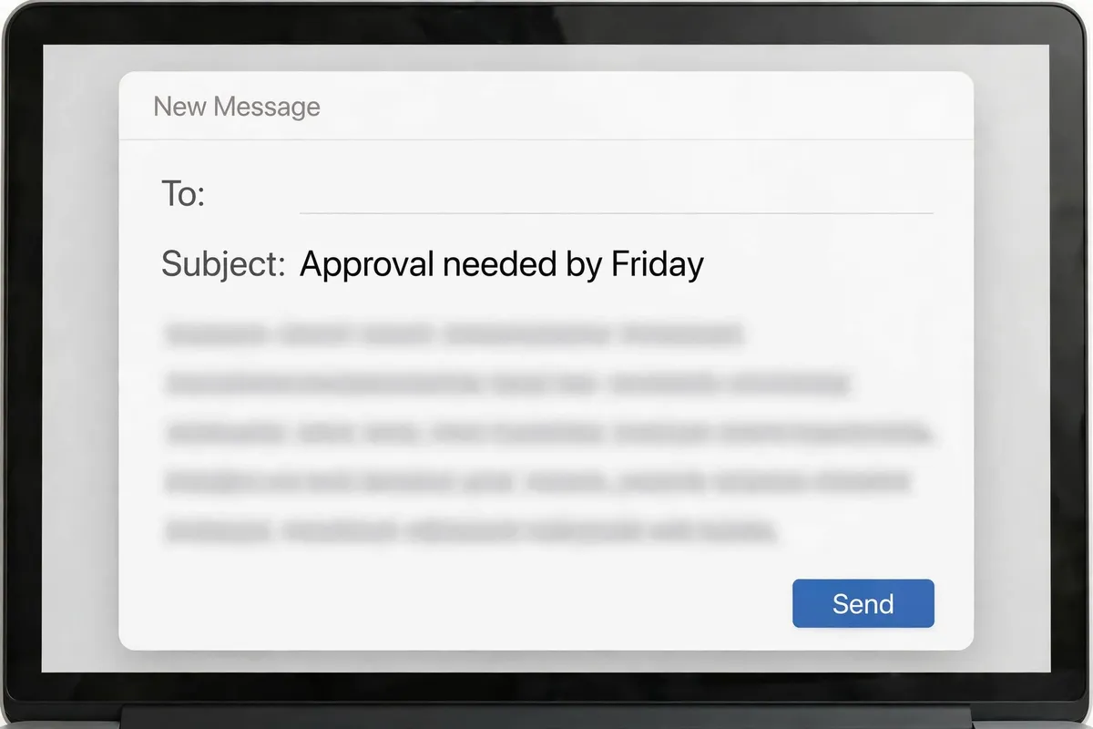 A new email compose window with the subject line Approval needed by Friday and a blue Send button.