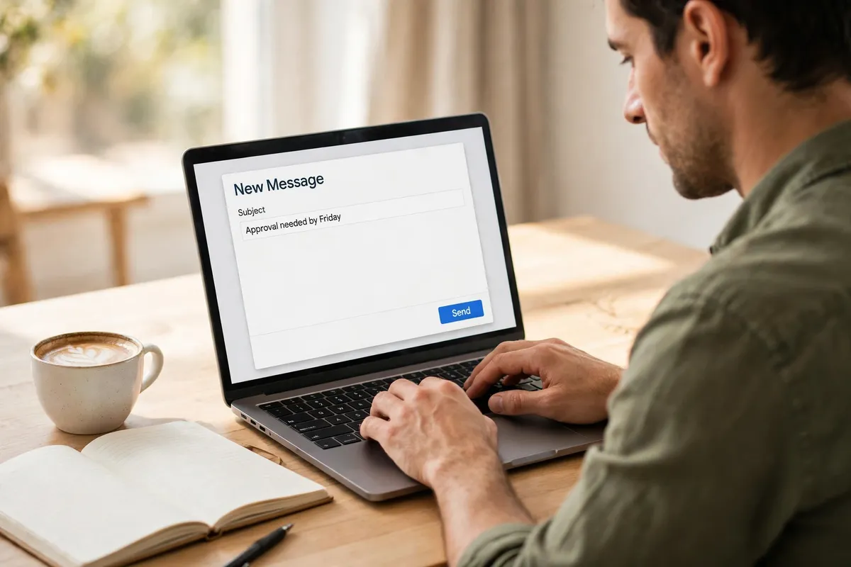 A man typing on a laptop showing a new email compose window with the subject Approval needed by Friday and a Send button, with a coffee cup and an open notebook beside him.