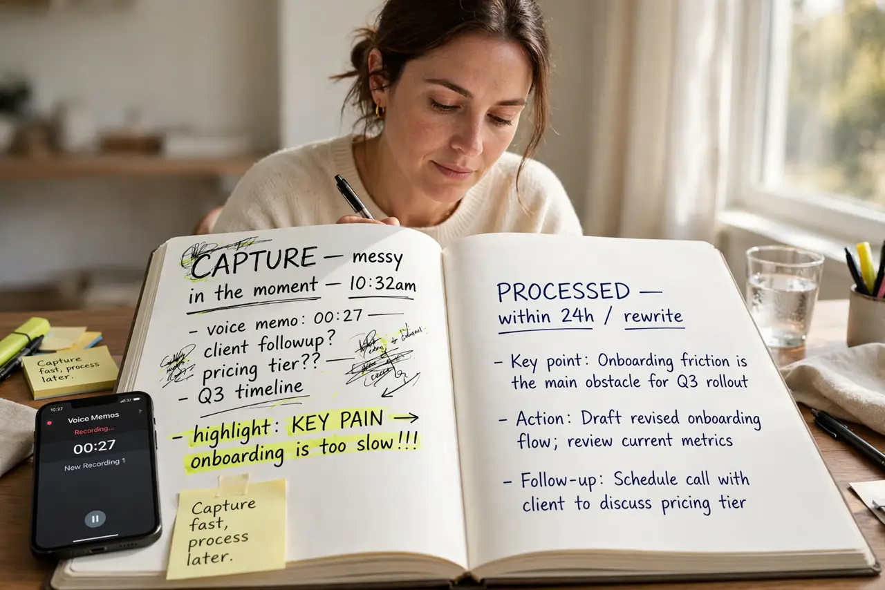 A person performing the guide's first step: Capture fast, process later. In the moment, capture messily — a voice memo, a scribble, a highlight. Processing happens within 24 hours,…