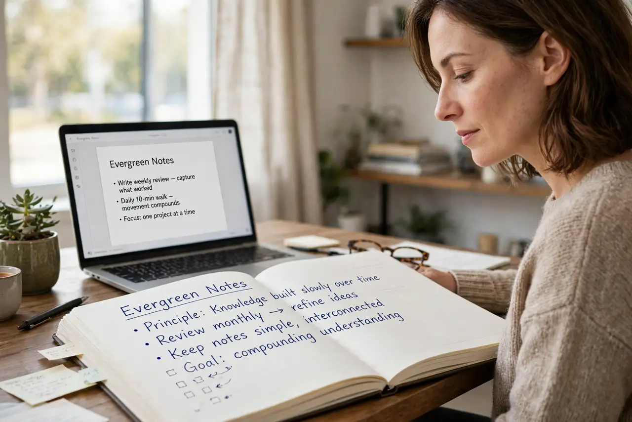 A person at a desk reading a real notebook with clean legible evergreen notes beside a laptop, a plant on the desk, the person's face calm and clear, warm light..