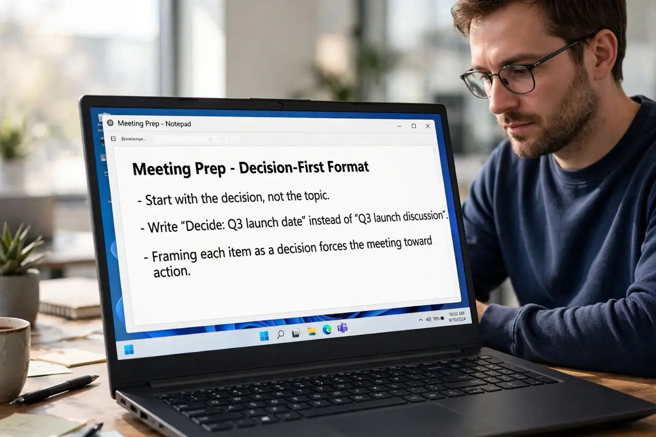 A person performing step 1: Start with the decision, not the topic. Write 'Decide: Q3 launch date' instead of 'Q3 launch discussion'. Fram.