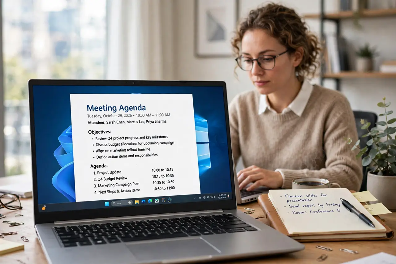 A person at a desk typing a meeting agenda on a real laptop with a clean document and legible headings on screen, a notebook beside them, the person's.