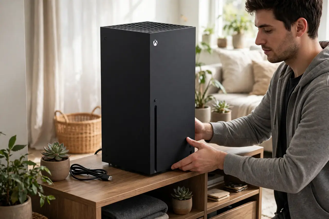 Photoreal photo of a person performing the first step: Place the console with airflow. Stand it vertically or lay it flat with clear space around the