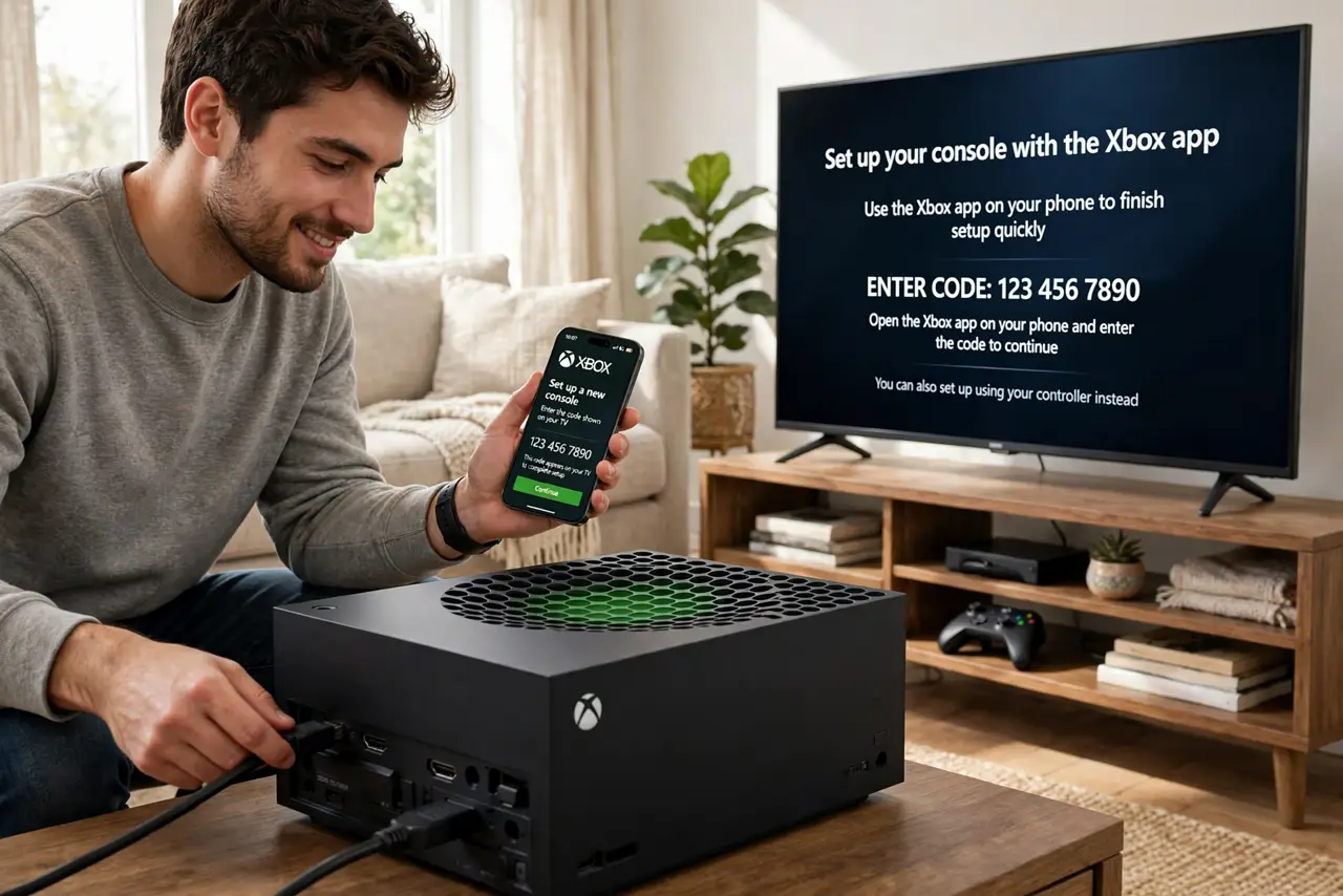 Photoreal photo: a person connecting a real Xbox Series console to a real TV, the TV showing the Xbox setup screen with legible text, a phone in hand with the Xbox app open, the person's face upbeat, living room. No black screen, no b