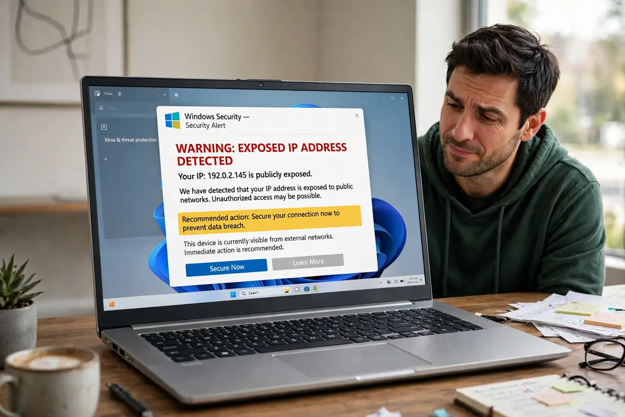 'Your IP Is Exposed' Ads — a skeptical adult at a desk with a real laptop showing a scare ad claiming an exposed IP address, the screen f