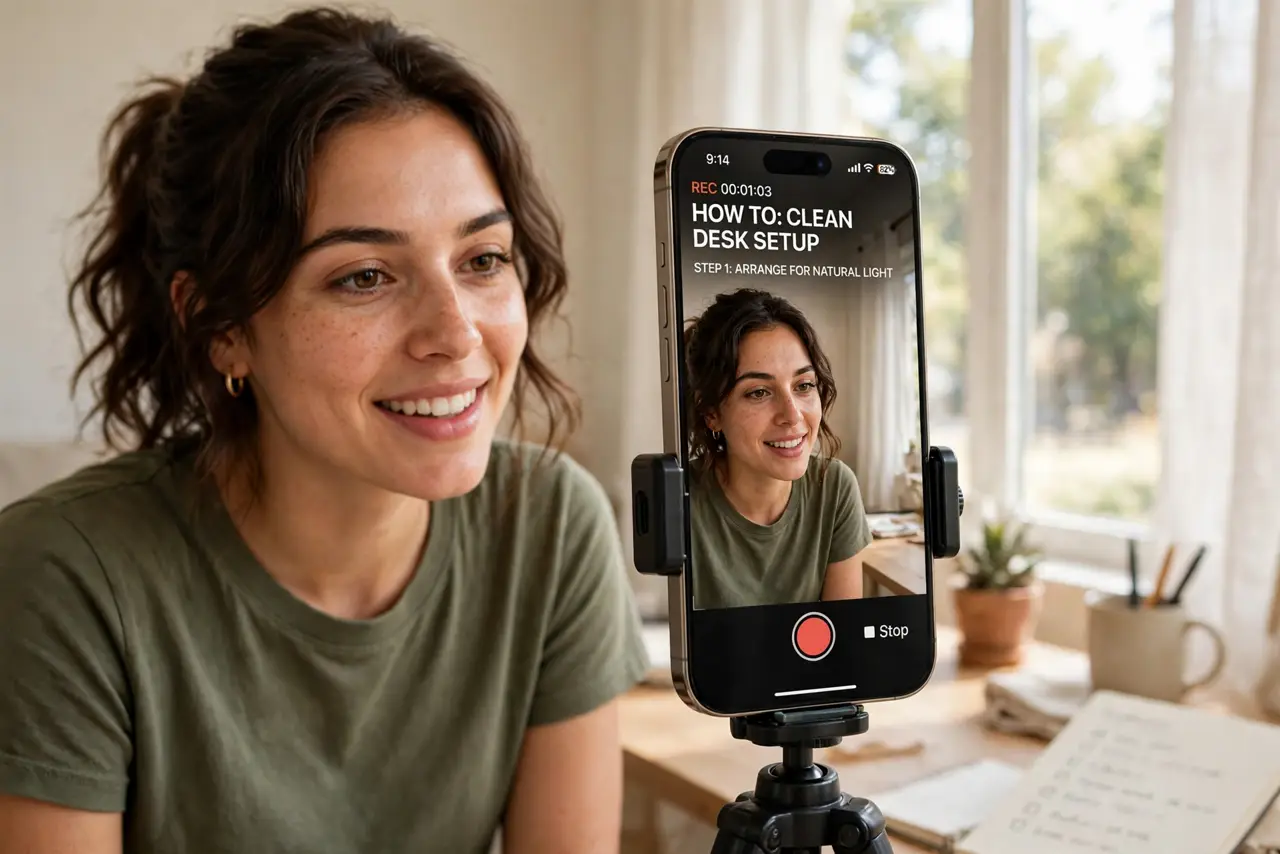 a person recording a video with a real smartphone on a tripod in a home room, facing a window for light, the person's face enthusiastic, simple setup.