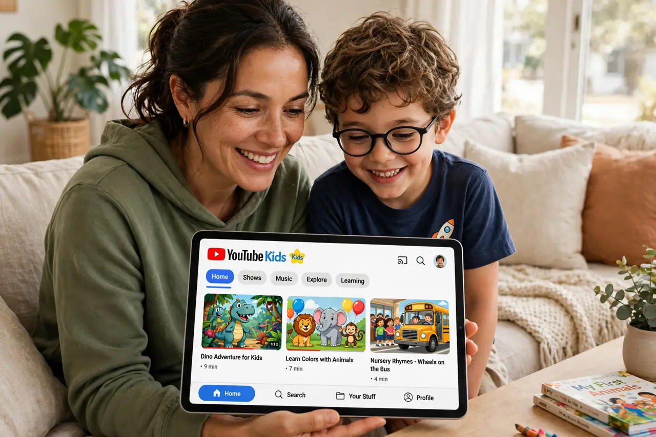 a parent and child on a couch looking at a real tablet showing the colorful YouTube Kids home screen with legible thumbnails, both faces happy, bright living room.