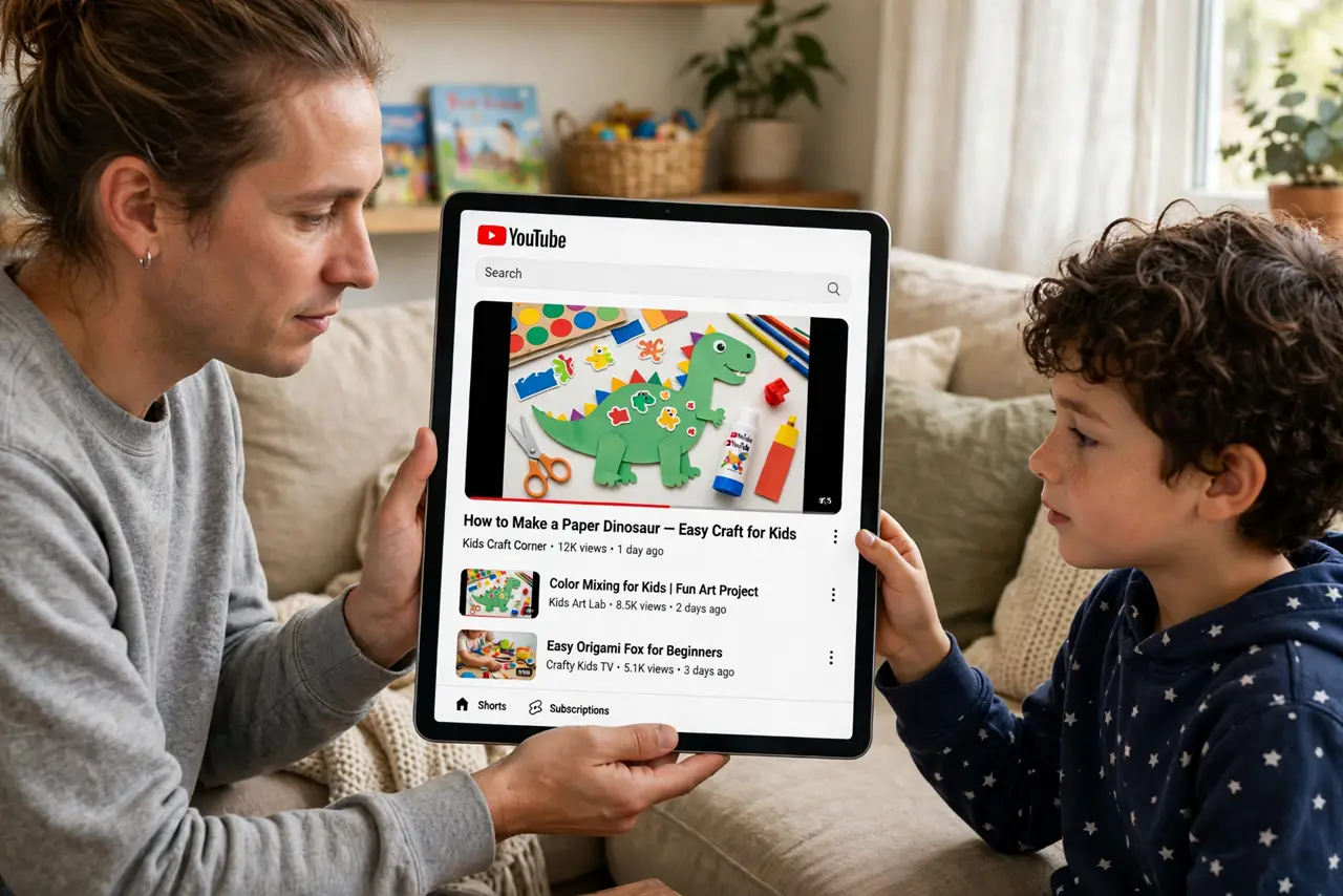 a parent handing a real tablet to a child, the tablet showing the YouTube app with a legible kid-friendly video thumbnail, the parent's face watchful, living...