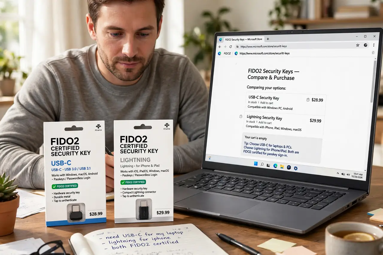 Photoreal photo of a person performing the first step: Buy a FIDO2-certified key that fits your devices. Check the FIDO2 certification label and pick