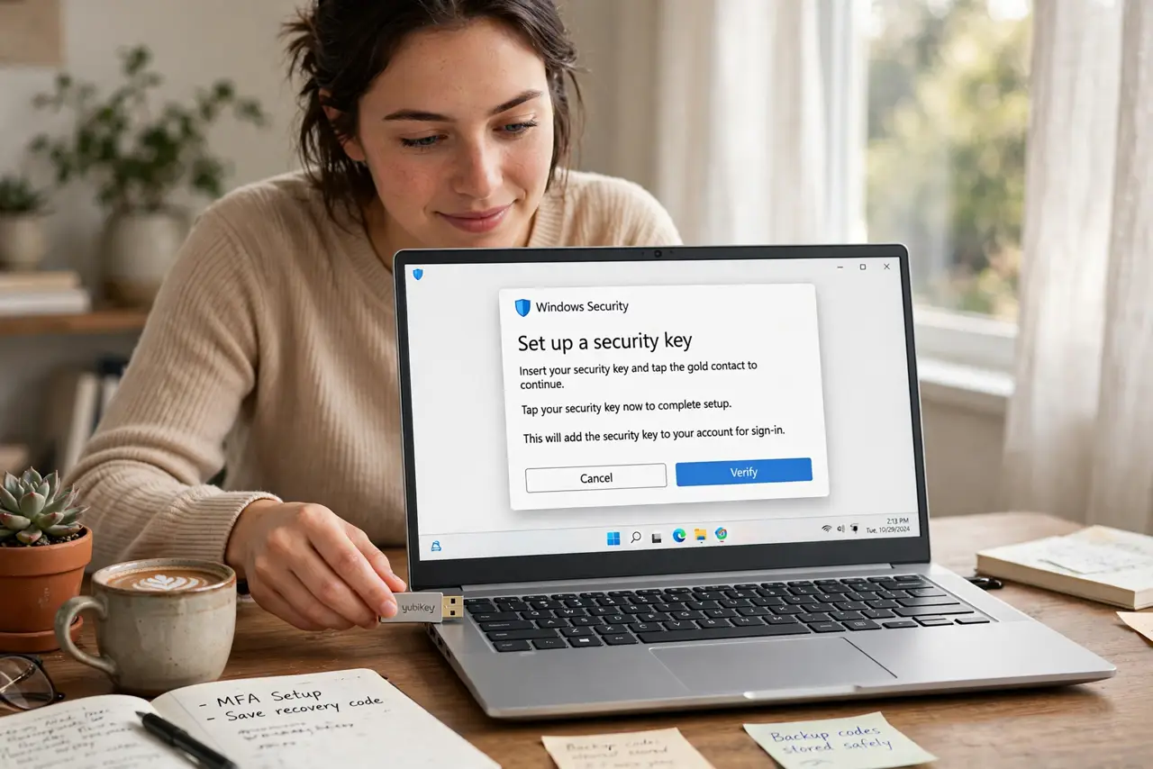 Photoreal photo: a person tapping a real YubiKey into a real laptop's USB port, the laptop screen showing a legible security-key registration prompt, the person's face focused, home desk. No black screen, no blank white screen, no fak