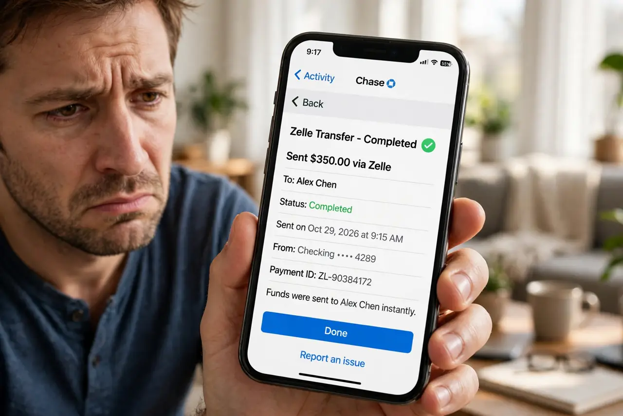 A frustrated adult staring at a real phone showing a banking app with a completed Zelle transfer fully legible, the person's face dismayed, home.