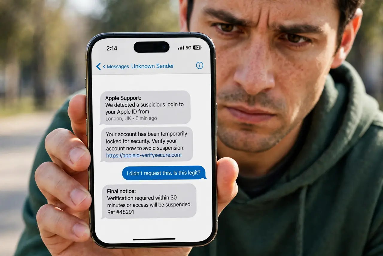 a person holding a real iPhone showing a suspicious text message thread with legible text, the person's face suspicious and alert. No black screen, no blank white screen, no fake o.