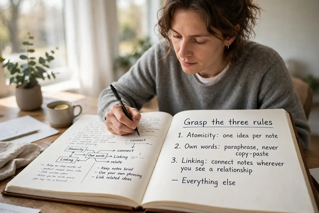 A person performing the guide's first step: Grasp the three rules. Atomicity: one idea per note. Own words: paraphrase, never copy-paste. Linking: connect notes wherever you see a…