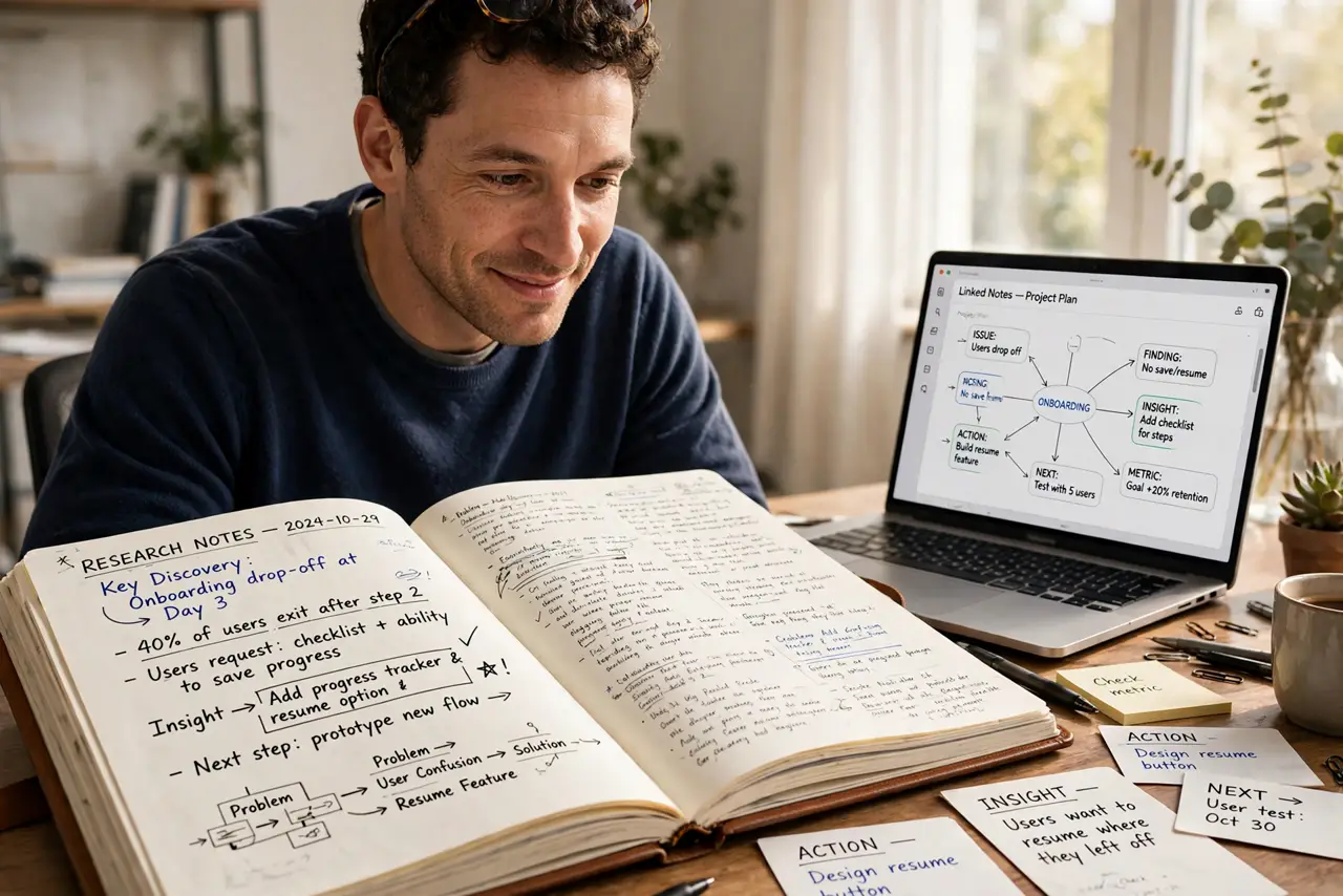 A person at a desk with a real notebook and a laptop showing legible linked notes with visible connections between them, index cards on the desk, the person's face lit with discovery, warm light..