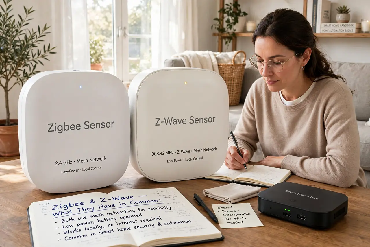 Photoreal photo of a person performing the first step: Learn what they have in common. Both are mesh networks: each powered device relays for other...