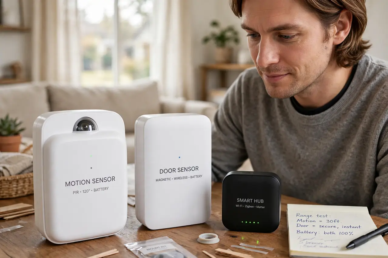 Photoreal photo: a person comparing two real smart home sensors on a table with a real hub device nearby, the person's face thoughtful, living room. No black screen, no blank white screen, no fake or garbled screen...