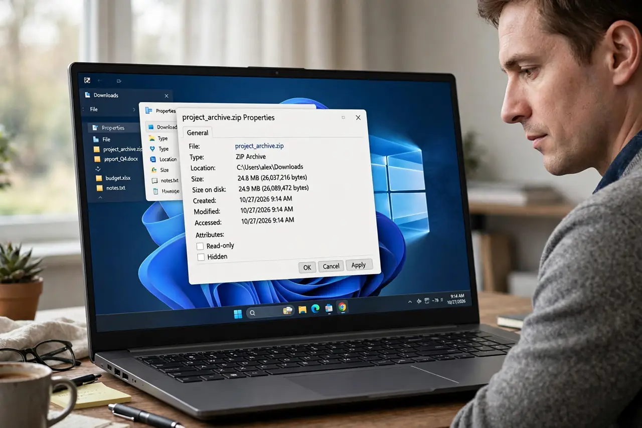 A calm adult checking a ZIP file's size in File Explorer on a Windows laptop.