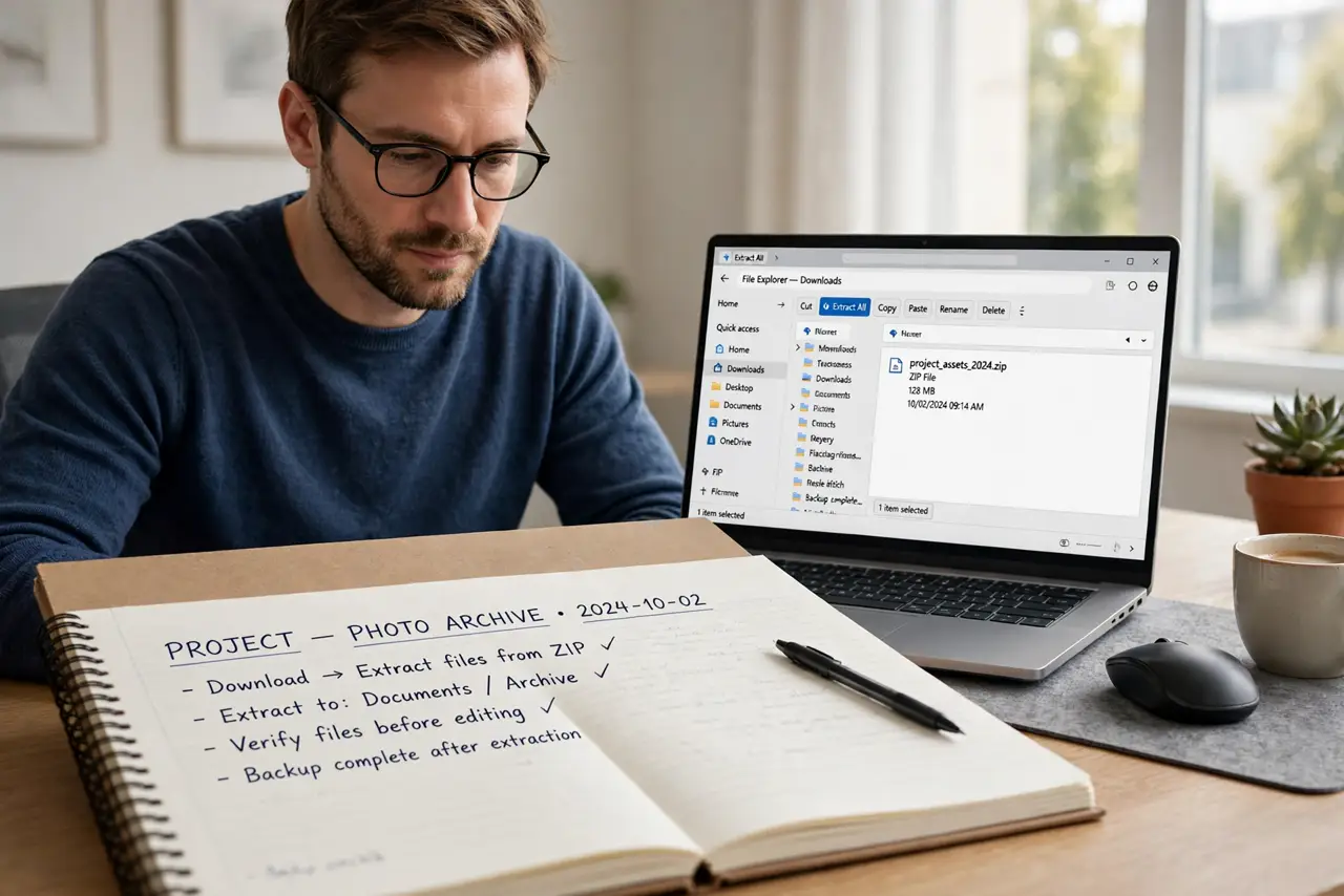 A calm adult at a desk with a Windows laptop, File Explorer showing a ZIP file and the Extract All option.
