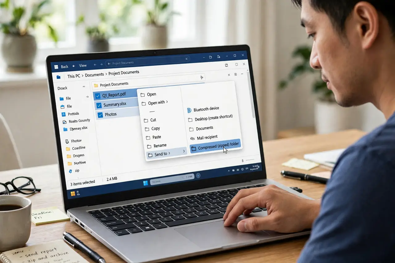 Zip on Windows.
