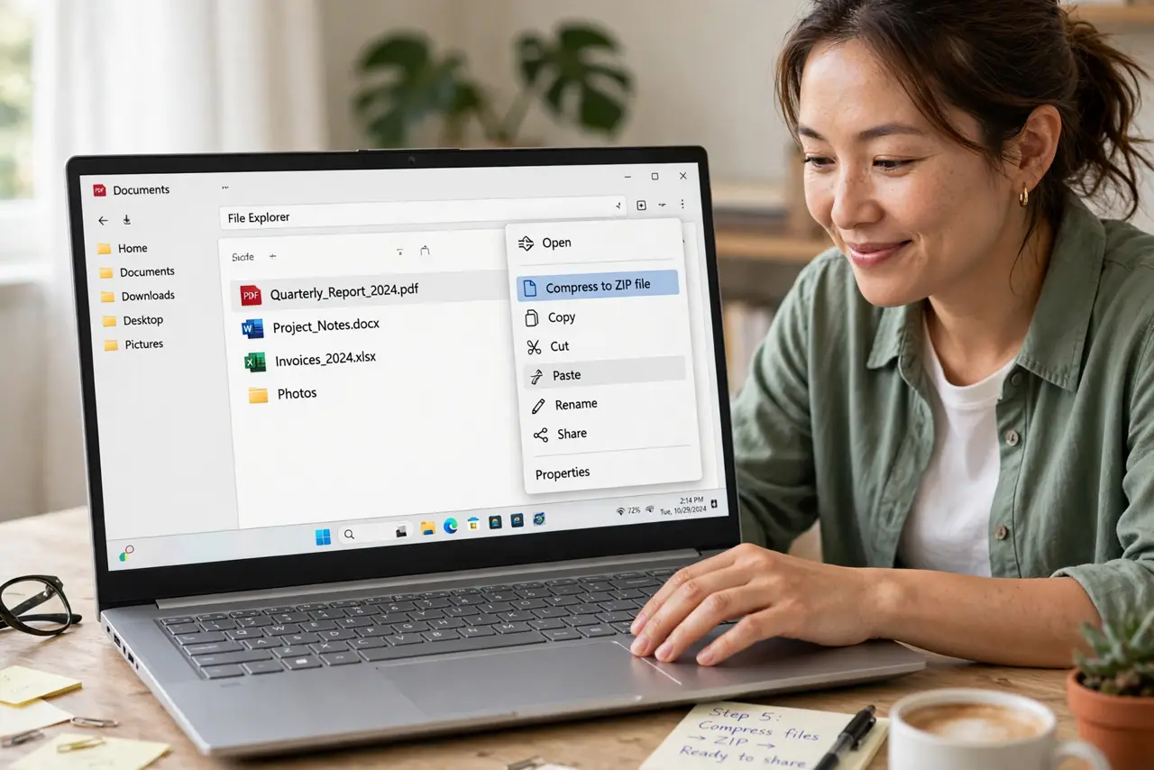 a person right-clicking real files on a real laptop with the compress menu open showing legible options, a zip file icon visible, the person's face satisfied...