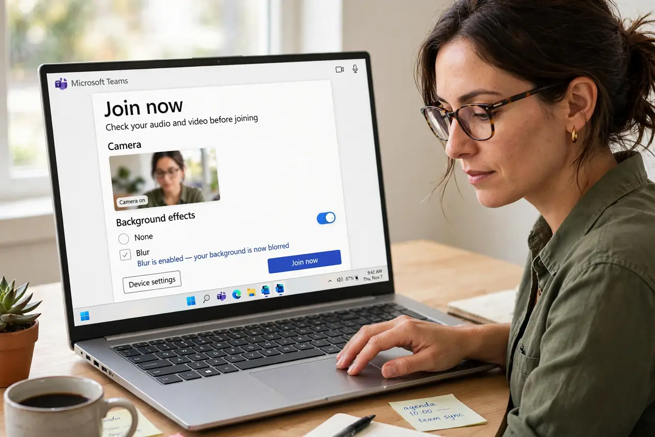 A person calmly performing the guide's first step: Enable blur before the meeting.