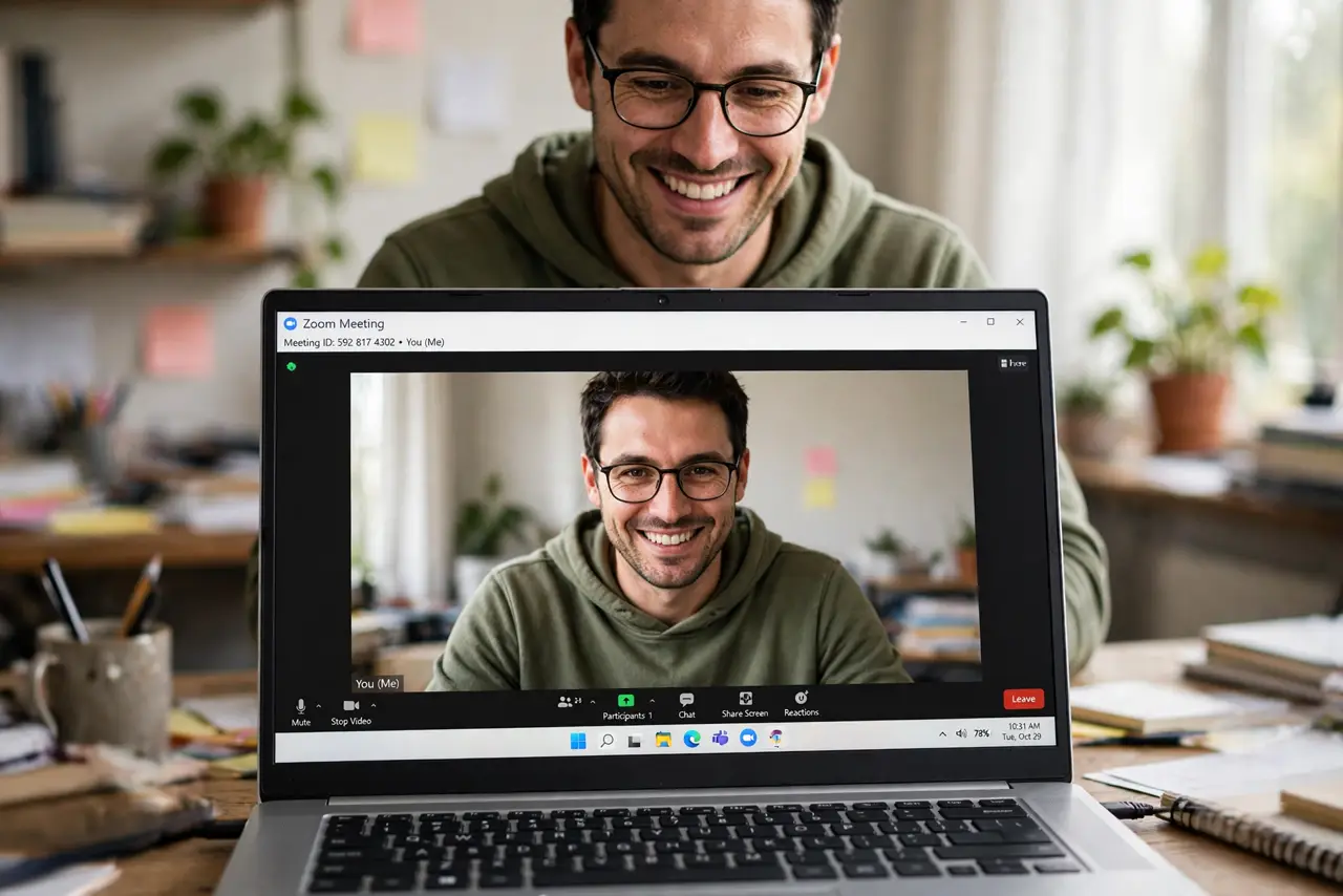 a person on a real laptop in a lived-in home office, the Zoom self-view showing the person's face sharp with the messy room softly blurred behind, the person smiling, daylight. No .