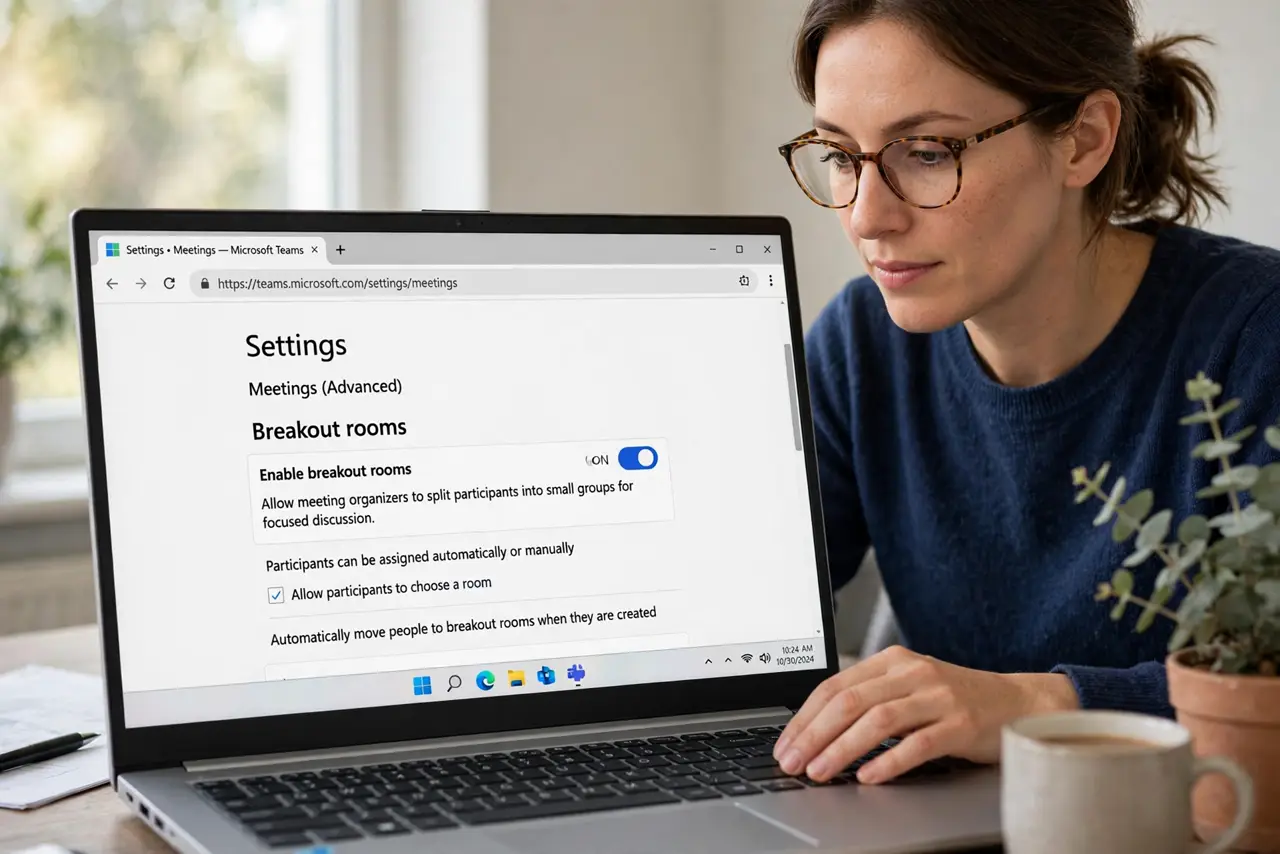 A person calmly performing the guide's first step: Enable breakout rooms in web settings.
