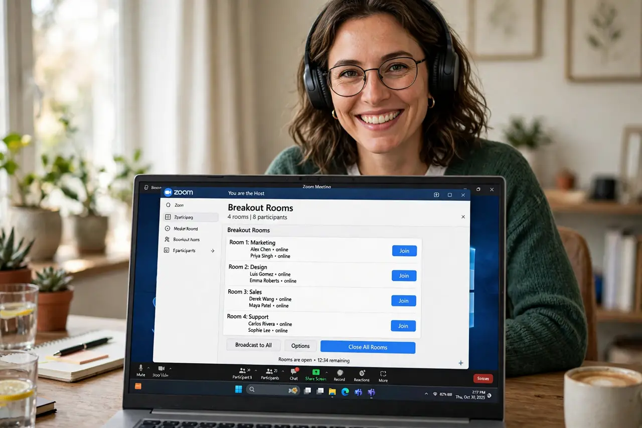 a person hosting a real Zoom meeting on a laptop, the breakout rooms management window open showing several rooms, the person smiling confidently, home office. No black screen, no .