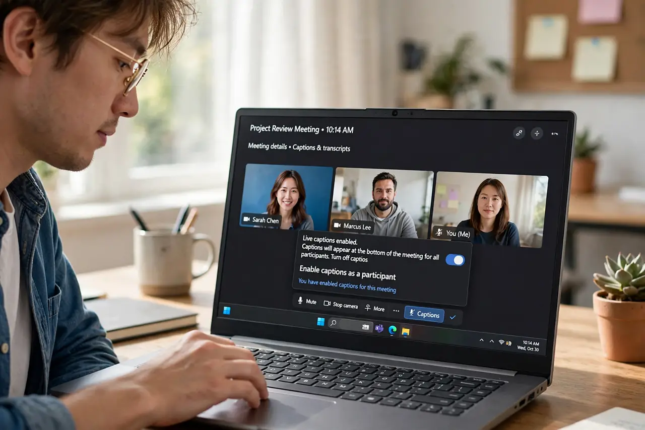A person calmly performing the guide's first step: Enable captions as a participant.