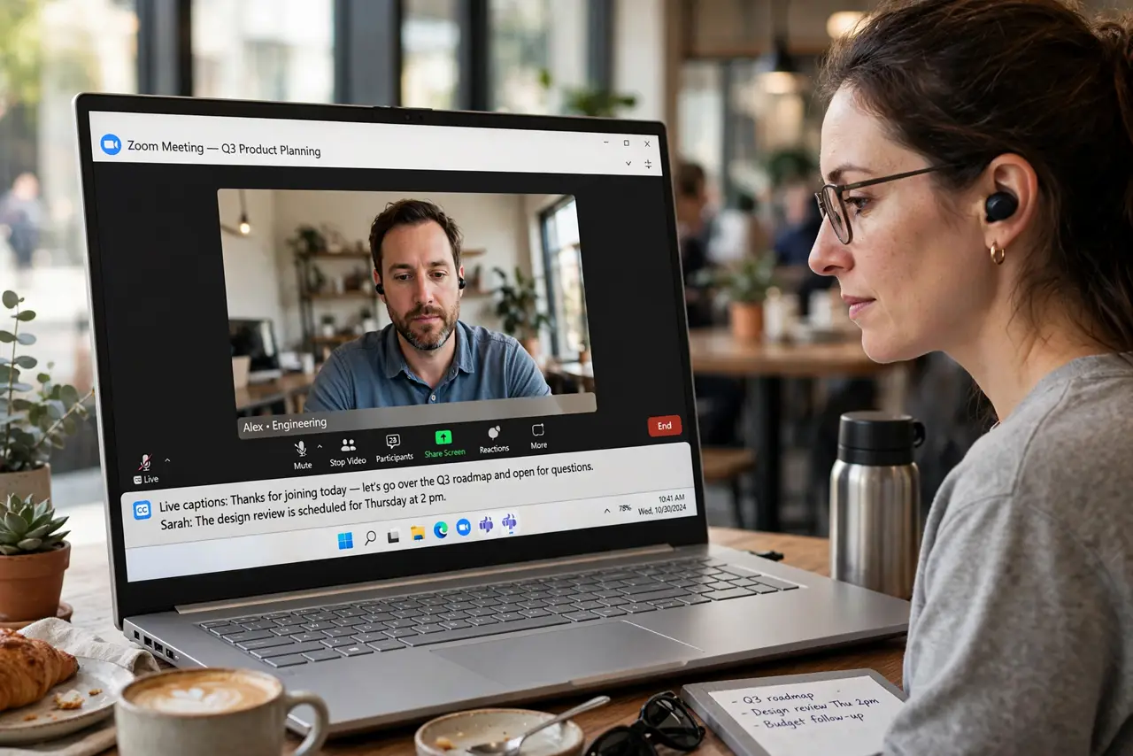 a person on a real laptop in a cafe, the Zoom window showing live captions at the bottom with legible text, the person wearing earbuds, face attentive, daylight. No black screen, n.