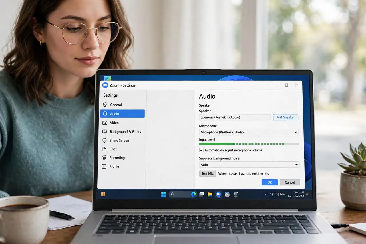 A person calmly performing the guide's first step: Open Zoom audio settings.