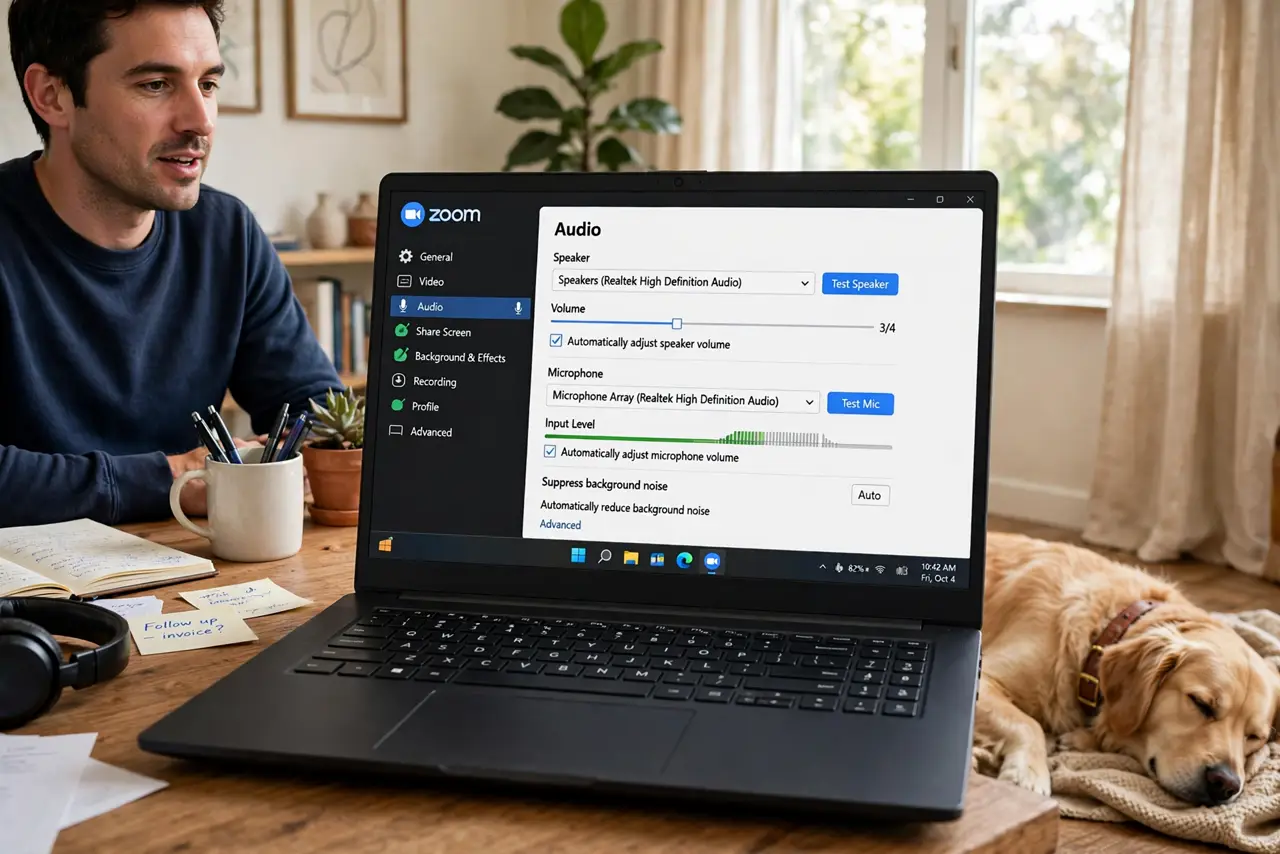 a person on a real laptop in a home office with a real dog lying nearby, the Zoom audio settings open on screen, the person speaking calmly, daylight. No black screen, no blank whi.