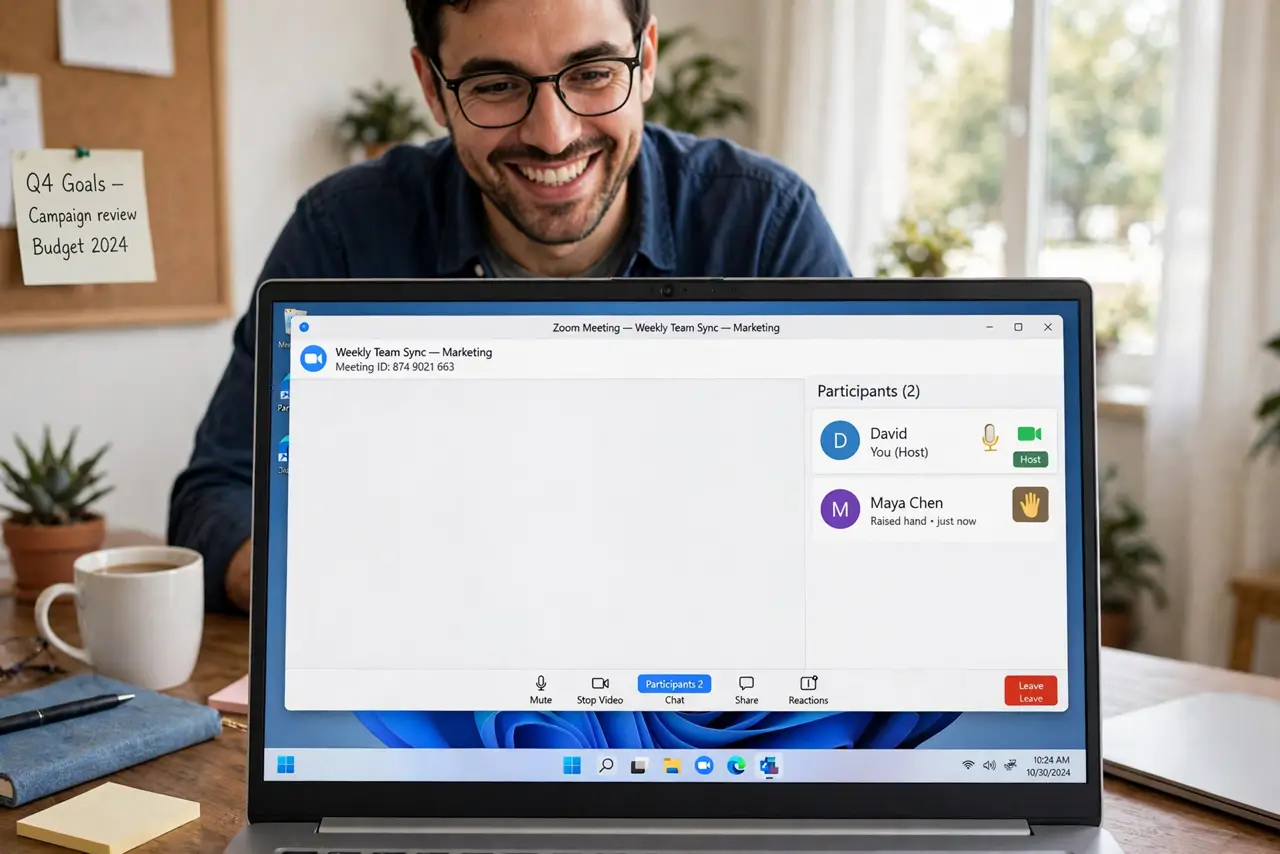 a person on a real laptop in a home office, the Zoom participants panel open showing a raised hand icon, the person smiling, daylight. No black screen, no blank white screen, no fa.