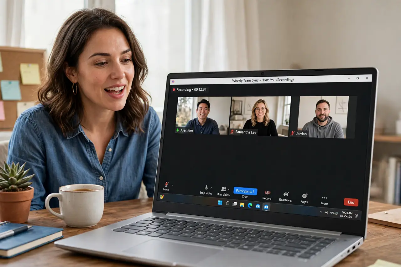 a person hosting a real Zoom meeting on a laptop, the recording indicator visible on screen, the person speaking confidently, home office, daylight. No black screen, no blank white.