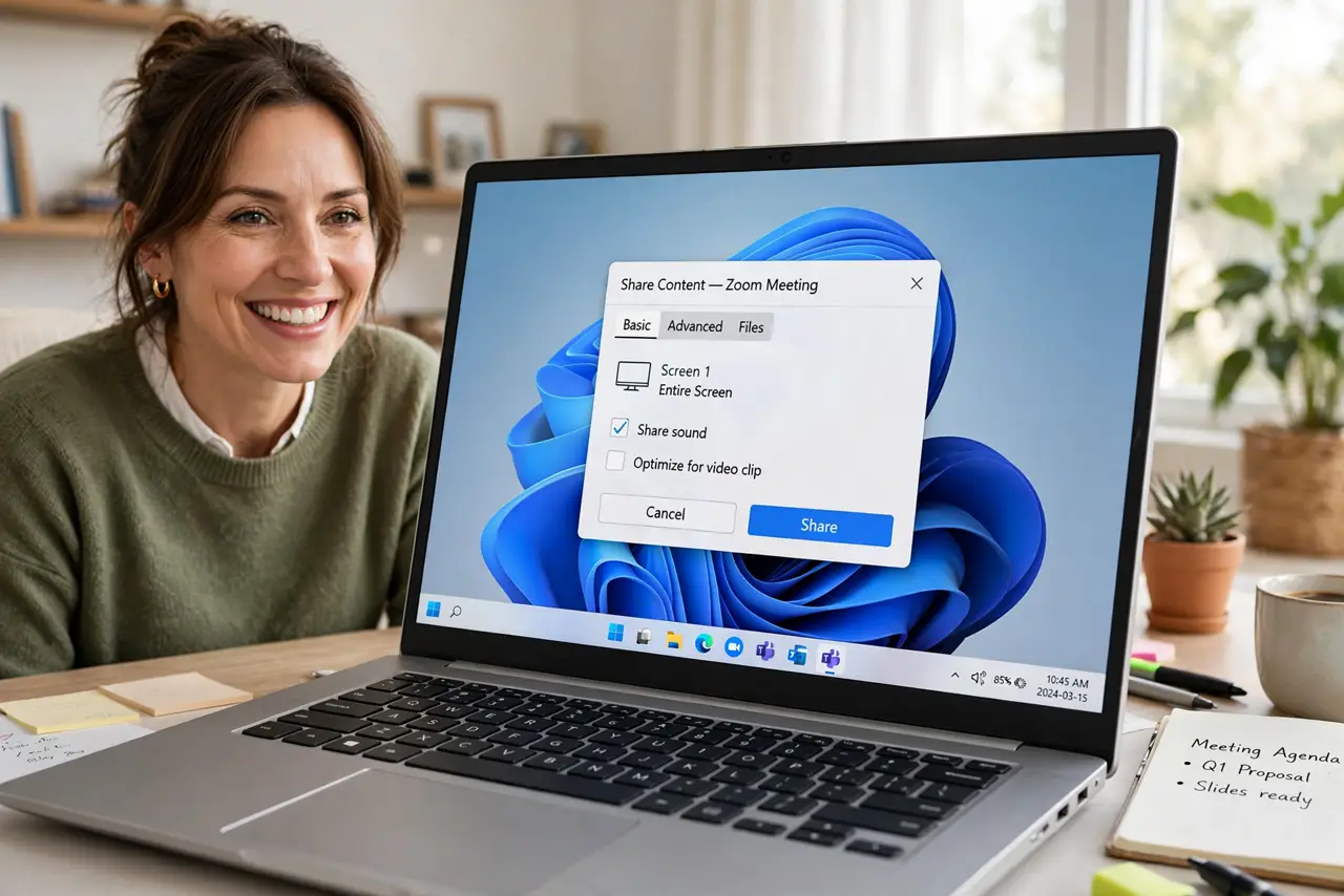 a person presenting on a real laptop, the Zoom share screen dialog open with the share sound checkbox visible, the person smiling, home office. No black screen, no blank white scre.