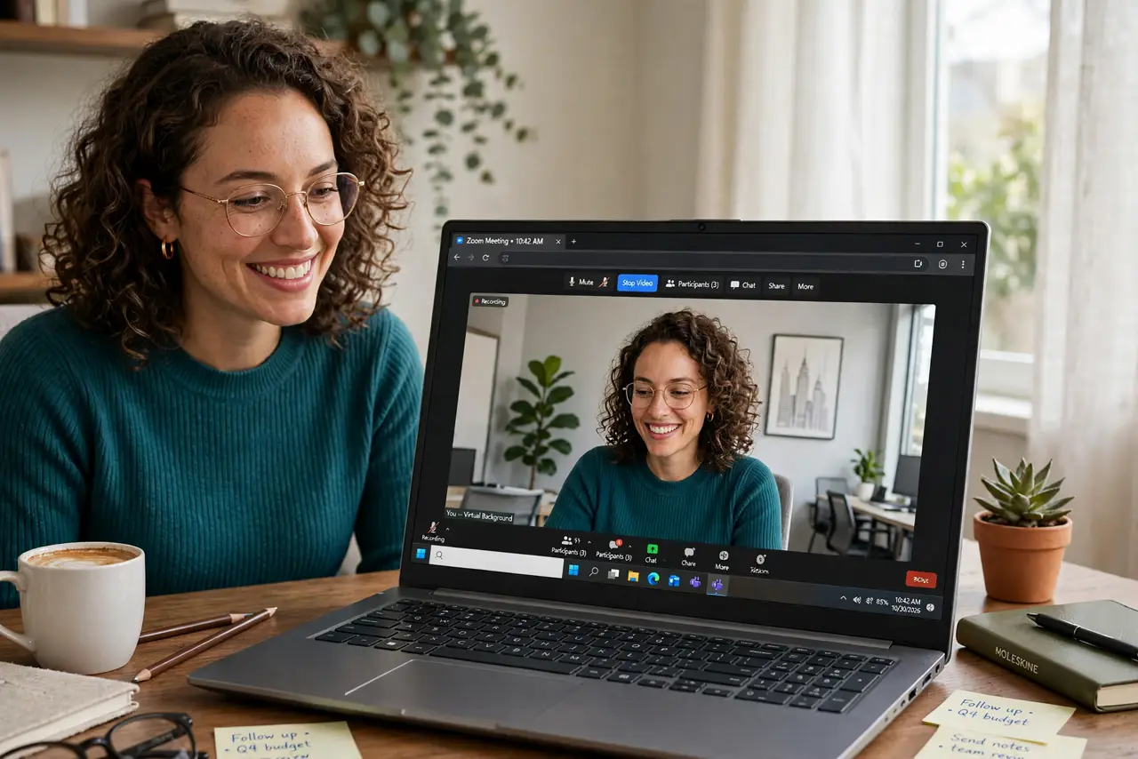 a person on a real laptop in a home office, the Zoom self-view showing the person against a clean virtual office background, the person smiling, daylight. No black screen, no blank.
